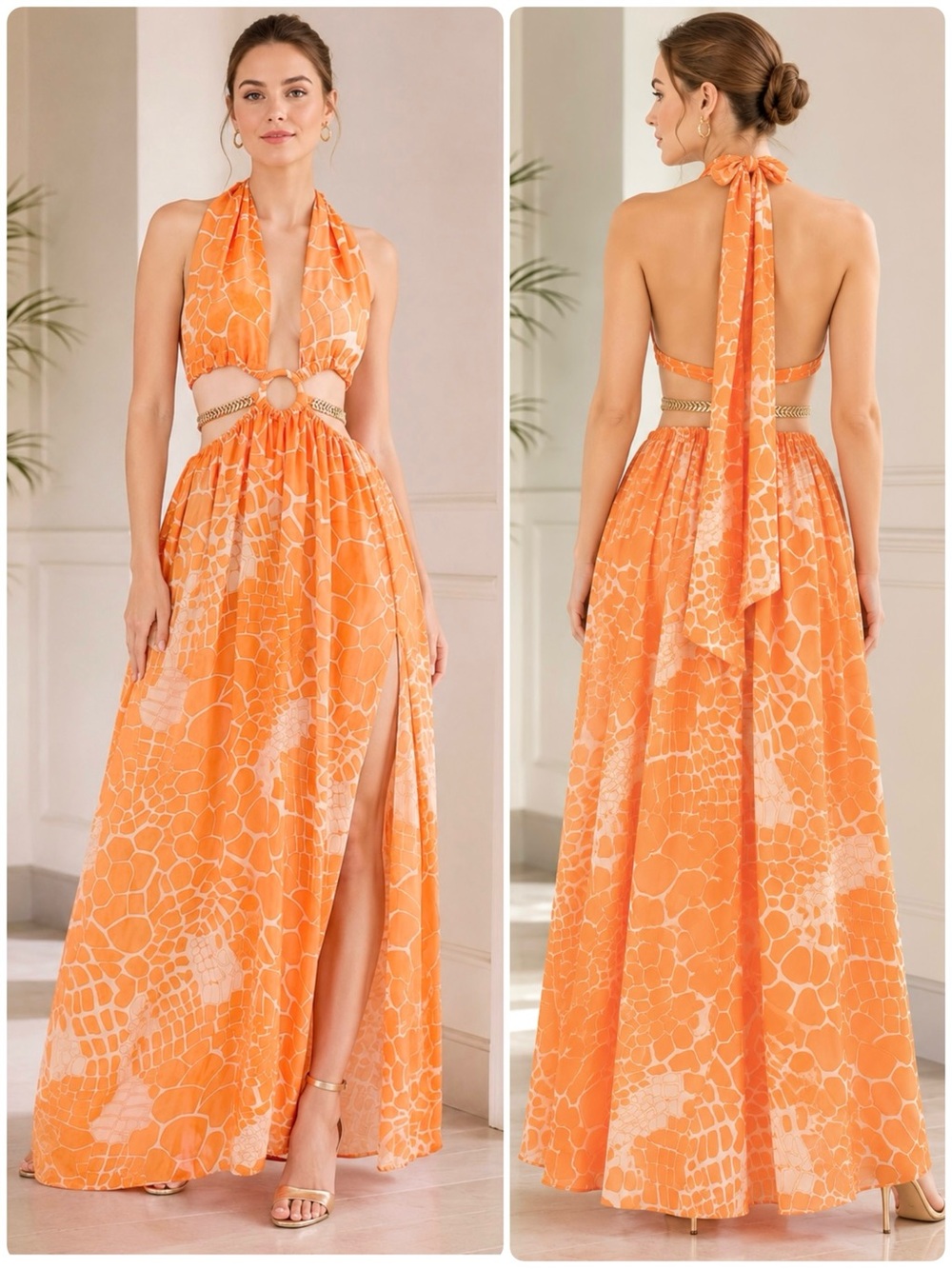 AKIRA Chiffon Maxi Halter Dress Dual Side Slits Backless Cut-Out Waits Semi-Shee